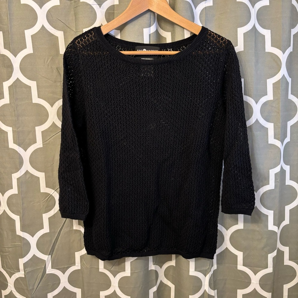 Vintage Sag Harbor Petite Small Women's Black 3/4 Sleeve Blouse Shirt Top